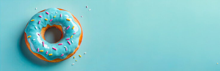 A delicious glazed donut with on the pastel blue background, banner. Wallpaper with copy space. Unhealthy food concept - obrazy, fototapety, plakaty