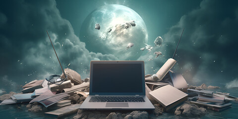 Unfolded Laptop. computer. Futurism Clouds Space. nature, garbage.