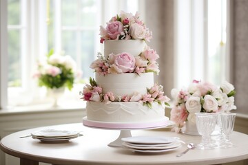 Three-tiered white wedding cake decorated with flowers on table - obrazy, fototapety, plakaty
