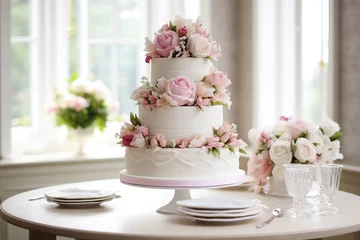 Fotobehang Three-tiered white wedding cake decorated with flowers on table © Alina