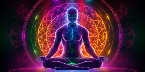 Neon glows. chakra, spiritual, energy, meditation, reiki, woman, yoga, aura, calm, esoteric, kundalini, Yoga meditation . Chakra Mandala chakras, aura, spiritual and Yin Yang symbols, balancing your l