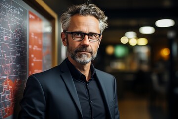 Fototapeta premium Senior entrepreneur, confident and forward-thinking, brainstorming business strategies on a whiteboard, Generative AI