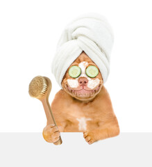 Smiling Mastiff puppy with towel on it head, with pieces of cucumber on it eyes and with cream on...