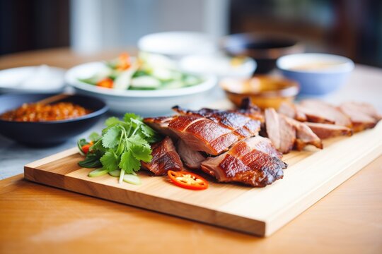 roasted peking duck on a carving board