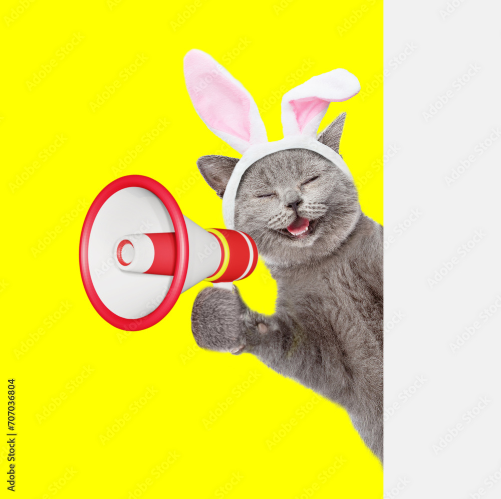 Aufkleber Happy kitten wearing easter rabbits ears screaming into a megaphone and looking from behind empty whie banner. Isolated on yellow background