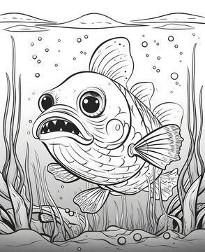 cute Eel fish under the sea, kid coloring book, submerged ship under the ocean background, black lines, no black shade, white background, sharp lines, bold lines,