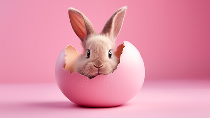 Easter bunny rabbit with pink painted egg on pink background. Easter holiday concept.