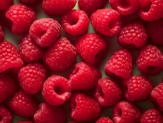 raspberry. A lot of raspberries are scattered on the table. The background is crimson. View from the top