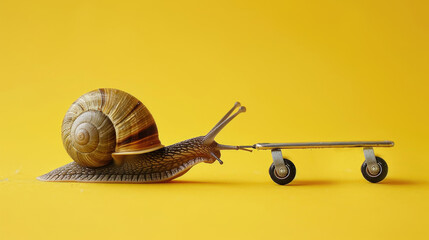 Speedy snail with wheels on yellow background. Concept of speed and success. Speed increase,...