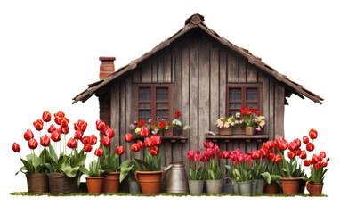 Fototapeta na wymiar Village Hut Graced by Potted Tulips, a Rural Haven of Floral Serenity on a White or Clear Surface PNG Transparent Background