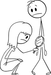 Woman with Magnifying Glass Examine Man's Small Penis, Vector Cartoon Stick Figure Illustration