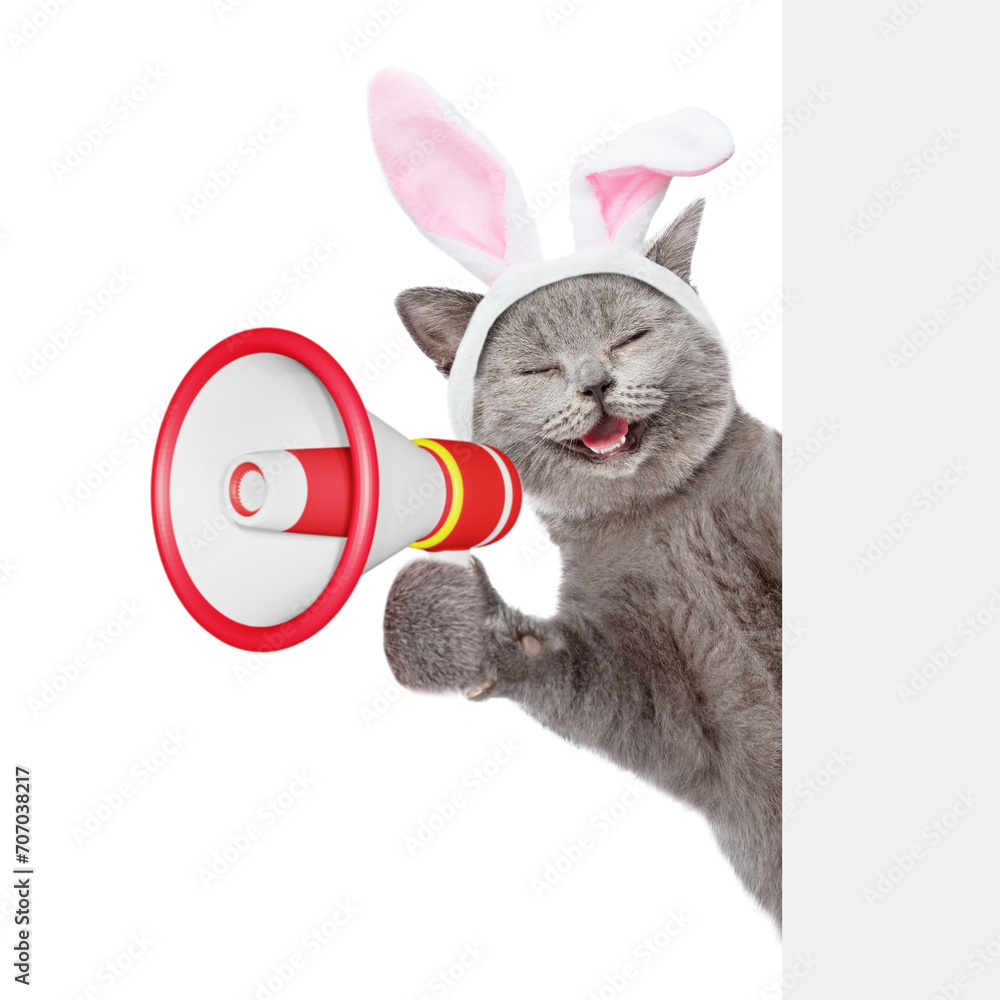 Aufkleber Happy kitten wearing easter rabbits ears screaming into a megaphone and looking from behind empty whie banner. Isolated on white background
