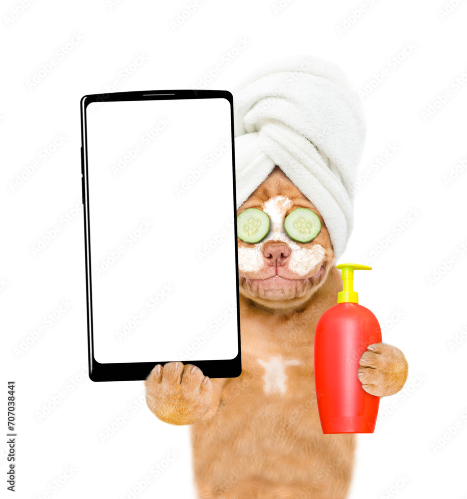 Poster mastiff puppy with towel on it head, with pieces of cucumber on it eyes and with cream on it face ho