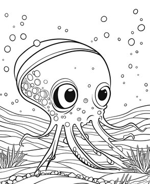 cute squid, under the sea, kid coloring book, under the sea background, black lines, no black shade, white background, sharp lines, low detail, bold lines,