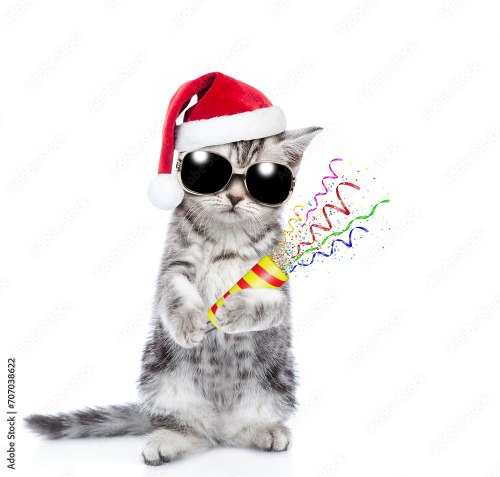 Poster Cool cat wearing red santa hat holds exploding firecracker. Isolated on white background