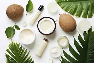 Fototapeta na wymiar Natural cosmetics with coconuts and skin care products on white background