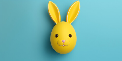 yellow Easter egg in the form of the Easter Bunny's head on a blue background. 3D design. Happy Easter Day background and backdrop, cute bunny rabbit, ornament banner, rustic vintage design material. 
