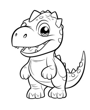 Cute chibi random simple T-Rex Dinosaur. Themes  Coloring book for kids, no text, no noise, crisp thick lines, outline art, no colour, black and white, happiness, nature, forest, rocks, Cinematic, cla