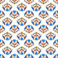 Seamless pattern with birds, ornament, folk, spring print, pattern with flowers and birds, vector, Bright summer print.