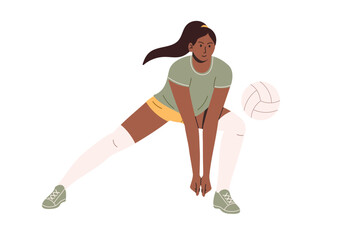 Volleyball player woman hits the ball. Flat vector illustration isolated on white background