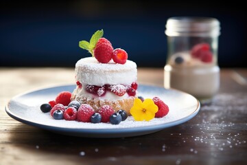 raspberry pudding with whole berries, dusted with powdered sugar