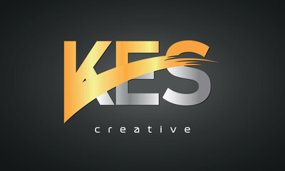 KES Letters Logo Design with Creative Intersected and Cutted golden color - obrazy, fototapety, plakaty