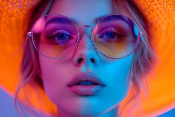 Obraz premium Fashion model woman face with fantasy art make-up. Bold makeup, glance Fashion art portrait, incorporating neon colors. Advertising design for cosmetics, beauty salon. content.