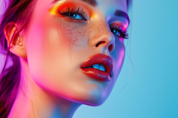 Obraz premium Fashion model woman face with fantasy art make-up. Bold makeup, glance Fashion art portrait, incorporating neon colors. Advertising design for cosmetics, beauty salon. content.