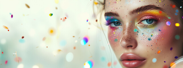 Portraite closeup of a young woman with bright red painted , golden sparkles and glitter on her face with bokeh background. Creative makeup and luxury style. Model wearing makeup in a purple backgroun