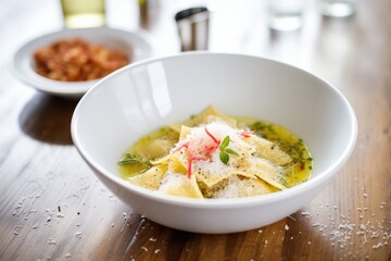 ravioli arranged in a white bowl with parmesan shavings