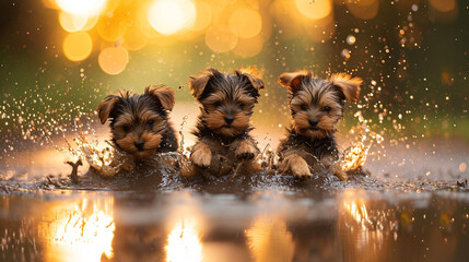 Yorkshire Terrier puppies splashing in the water in the rain