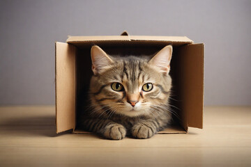Cute tabby cat looking out of a cardboard box on a wooden table