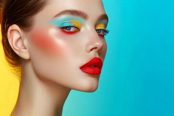 Fashion model woman face with fantasy art make-up. Bold makeup, glance Fashion art portrait, incorporating neon colors. Advertising design for cosmetics, beauty salon. content. - obrazy, fototapety, plakaty