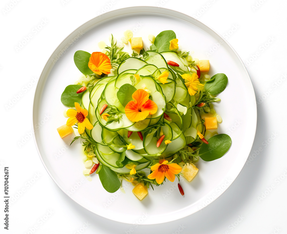 Wall mural a vibrant garden salad adorned with fresh cucumber slices, edible flowers, and colorful vegetables, 