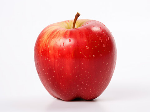 A vibrant, juicy red apple with water droplets glistening on its surface, captured in high detail against a pure white background. The image highlights the apple’s freshness and natural beauty.