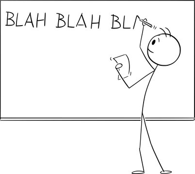 Teacher or Student Writing Nonsence Blah on Whiteboard or Blackboard, Vector Cartoon Stick Figure Illustration