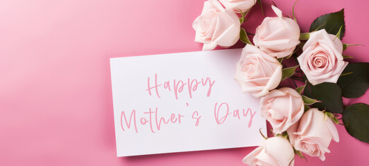 Happy Mother's Day celebration holiday greeting card with text - Pink roses and white rectangular paper note frame on pink table texture background, top view