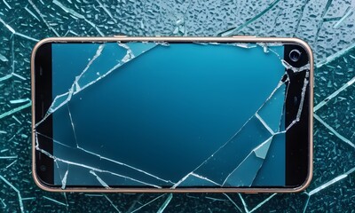 a smartphone with broken glass and shards nearby