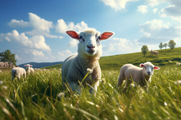 Obraz premium Sheep on a green grassy field, in the style of fish-eye lens, light sky-blue, wimmelbilder, child-like innocence, 3840x2160, shiny eyes, dau al set