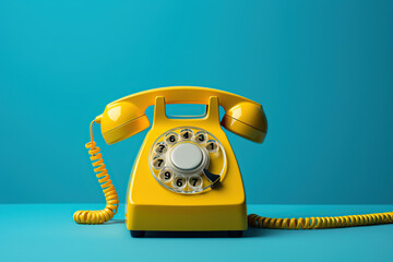 Old retro telephone on blue background