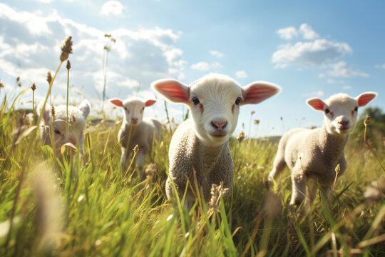 Sheep on a green grassy field, in the style of fish-eye lens, light sky-blue, wimmelbilder, child-like innocence, 3840x2160, shiny eyes, dau al set

