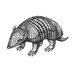 Vector hand-drawn illustration of a six-banded armadillo in the style of engraving. Black and white sketch of animal of South America