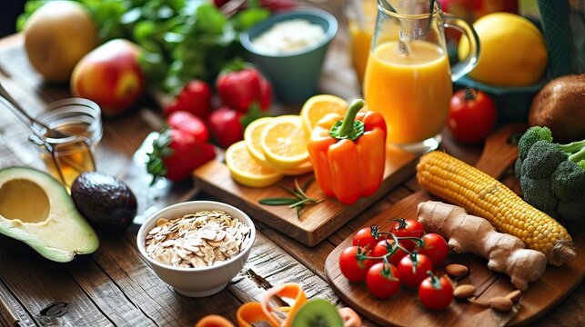 Healthy food background. Fresh fruits and vegetables on wooden table