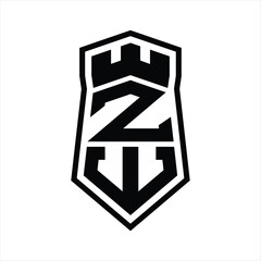ZW Letter Logo monogram hexagon shield shape up and down with crown castle isolated style design