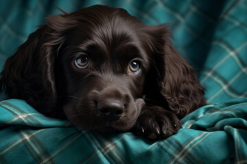 Black spaniel puppy on blanket, in the style of dark turquoise and dark brown, dreamy and romantic compositions, cinestill 50d, wimmelbilder, unprimed canvas, soft-focus, linear patterns

