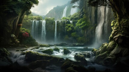 View of a natural waterfall in the middle of a tropical rainforest - obrazy, fototapety, plakaty