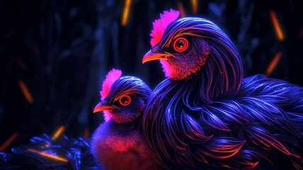 Neon illustration of a hen caressing her chicks Ai generated art
