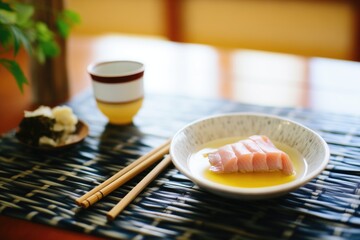 sashimi combo beside a cup of sake on a bamboo mat