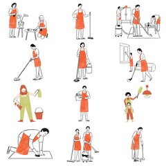 cartoons of janitor in uniform holding photos of different lifestyle and posing: outdoor cleaner working sweeping, picking up trash and leaves. Drawing