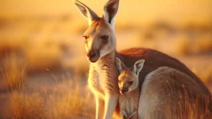 Neon illustration of a kangaroo caressing her chicks Ai generated art